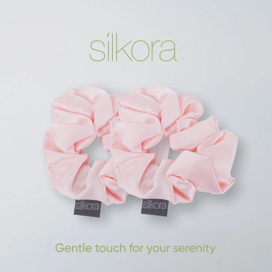 Silkora Premium Silk Scrunchies - 100% Moerbei Zijden Scrunchies - Set van 2 - Groot - Antibacterieel, Hypoallergeen, Haarvriendelijk - Lotus Roze