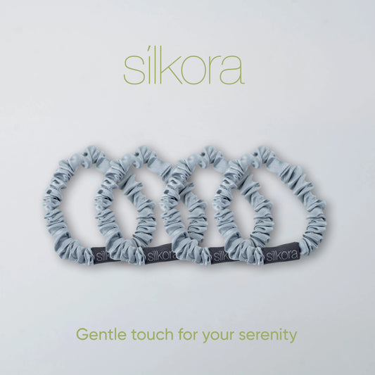 Silkora Premium Silk Scrunchies - 100% Moerbei Zijden Scrunchies - Set van 4 - Klein - Antibacterieel, Hypoallergeen, Haarvriendelijk - Zilvergrijs