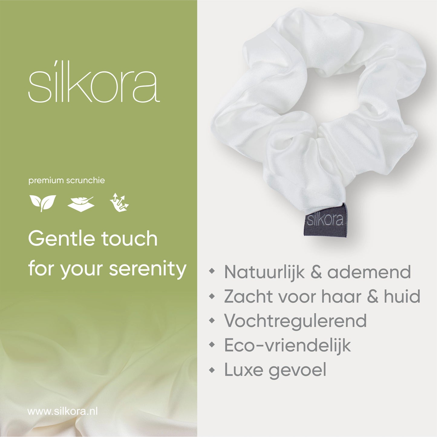 Silkora Premium Silk Scrunchies - 100% Moerbei Zijden Scrunchies - Set van 2 - Groot - Antibacterieel, Hypoallergeen, Haarvriendelijk - Off-White