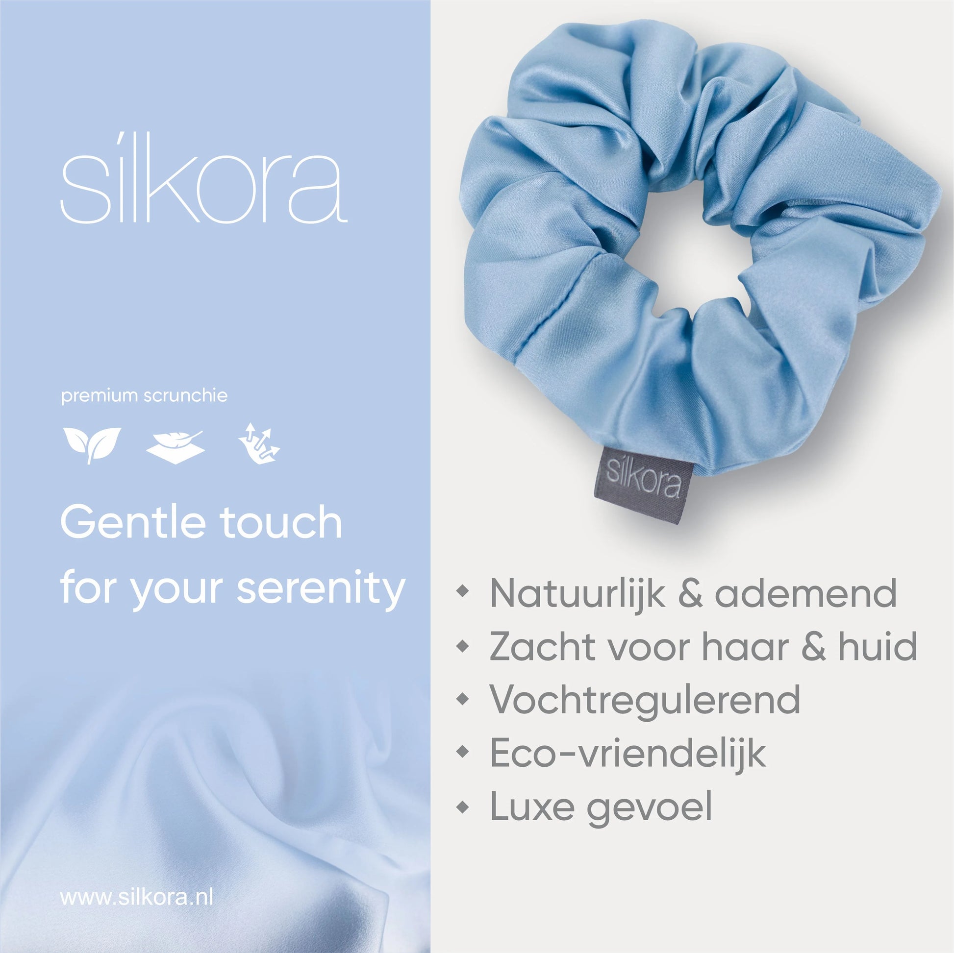 Promotieafbeelding van een grote Silkora premium scrunchie in icy blauw, met tekst over natuurlijke, ademende, vochtregulerende en eco-vriendelijke eigenschappen.