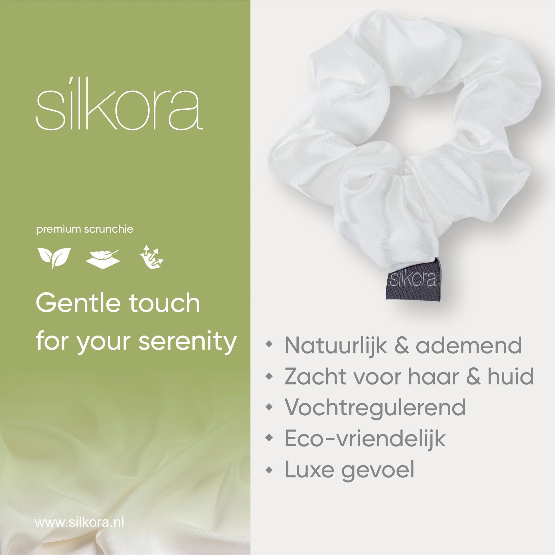 Promotieafbeelding van een grote Silkora premium scrunchie in wit, met tekst over natuurlijke, ademende, vochtregulerende en eco-vriendelijke eigenschappen.