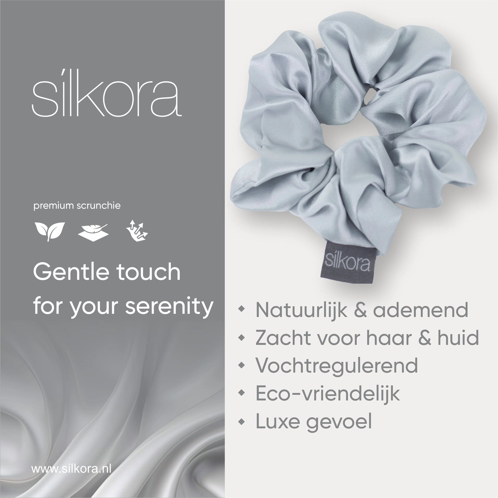 Promotieafbeelding van een grote Silkora premium scrunchie in zilvergrijs, met tekst over natuurlijke, ademende, vochtregulerende en eco-vriendelijke eigenschappen.